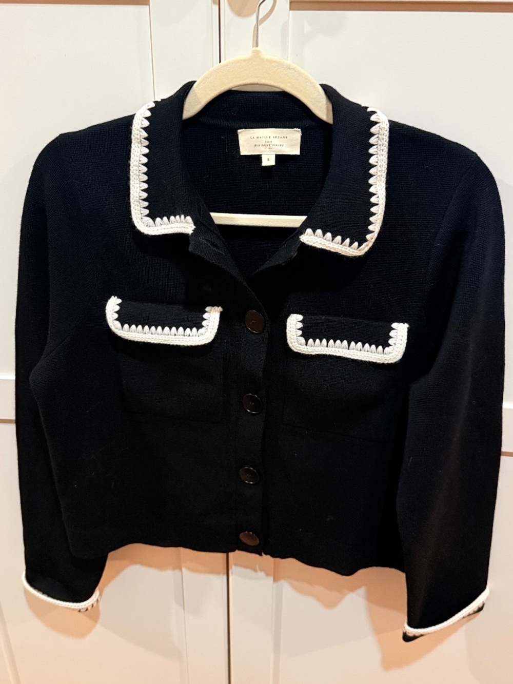 Sezane Black Cropped Blazer with White Trim